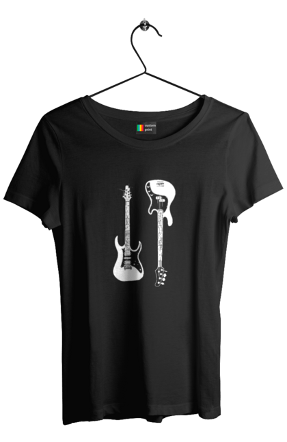 Футболка жіноча з принтом "Електро та Басс Гітари". Блюз рок, буги рок, важкий рок, гитара, електрогітара, музика, музичні інструменти, рок н ролл, фанк рок, хард рок. ART принт на футболках