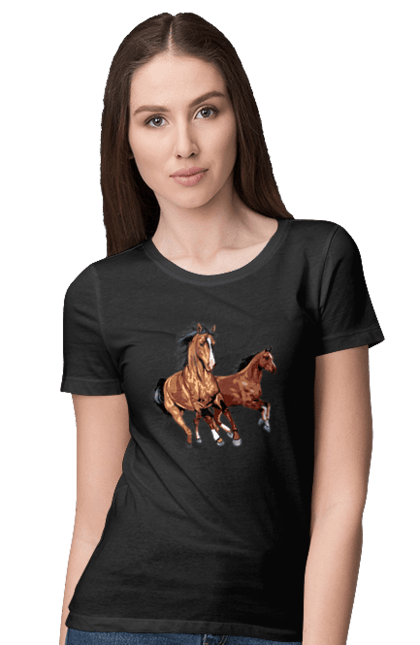 Футболка жіноча з принтом "Коні біжуть". Грива, кінь, коні, скачуть, тварина. futbolka.stylus.ua