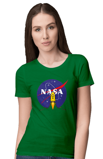 Футболка жіноча з принтом "NASA". Авіація, астронавтика, дослідження, космічний, космонавтика, космос, наука, повітроплавання, політ, ракета, сша, технології. futbolka.stylus.ua