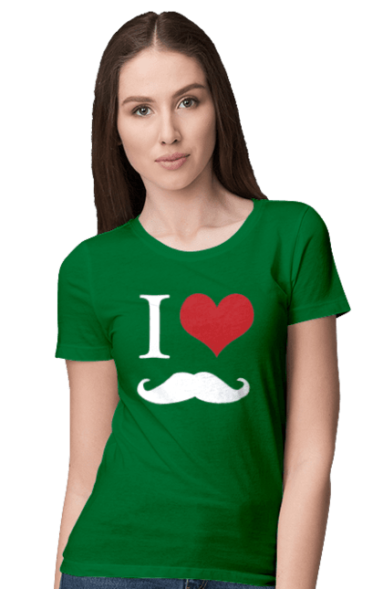 Футболка жіноча з принтом "Я люблю вуса". Брутальний, вуса, вусатий, гумор, жарт, любов, почуття, прикол, серце. ART принт на футболках