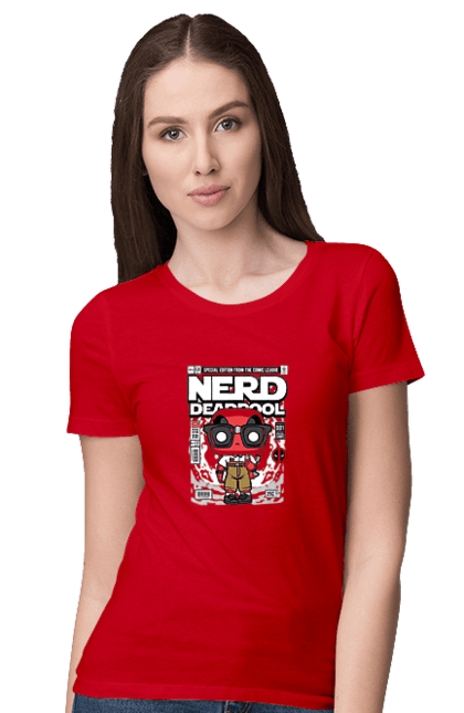 Футболка жіноча з принтом "Deadpool Nerd". Басейн, герой, дедпул, дивуватися, комікси, мем, мертвий, плівка. Funkotee