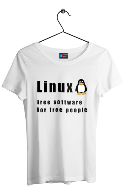 Футболка жіноча з принтом "Linux Вільний Для Вільних". Linux, адміністратор, айті, айтішник, безкоштовна, безкоштовно, вільна, доступність, незалежність, операційна система, ос, пінгвін, програміст, програмне забезпечення, свобода, сервер, сисадмін, система, системний адміністратор, софт, текст, чорний. ART принт на футболках