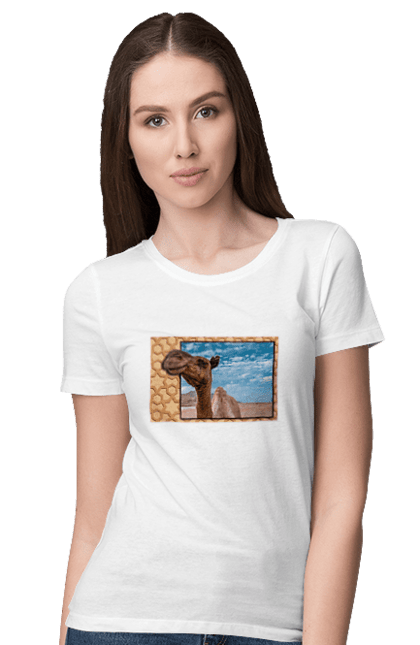 Футболка жіноча з принтом "Верблюд для подорожей". Африка, верблюд, відпочинок, відпустку, вояж, домашній, єгипет, круїз, мир, подорож, подорожувати, поїздка, пригоди, природа, пустеля, тварина, тур, туризм, турист, цукру. ART принт на футболках