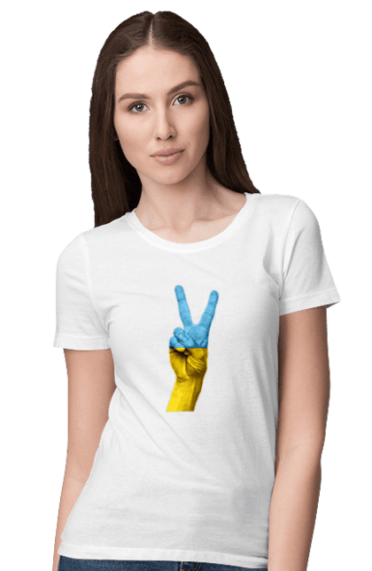 Футболка жіноча з принтом "Два Пальця, Світ, Україна". Мир, рука, україна. Піно