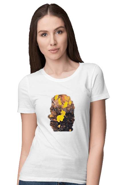 Футболка жіноча з принтом "Жовті квіти в теплих тонах". Живопис, жовтий, жовті квіти, затишок, кавовий, квіти, квітка, коричневий, малюнок, осінь, природа, теплий, тепло, художнє, хюге. ART принт на футболках