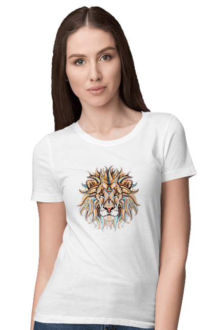 Футболка жіноча з принтом "Лев Мозаїка". Лев, мозаїка, тварина. CustomPrint.market