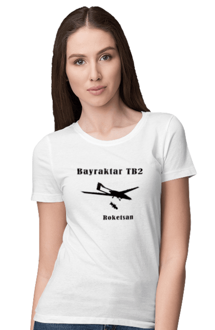 Футболка жіноча з принтом "Bayraktar TB2". Bayraktar, bayraktar tb2, агресія, байрактор, безпілотний, бойовики, війна, донбас, захист, зсу, контратака, літак, оборона, патріот, ракета, удар, ударний, україна. ART принт на футболках