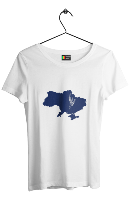 Футболка жіноча з принтом "Карта України синя колоски". Карта, колоски, кордон, однотон, патріотичний, пшениця, синий, україна. CustomPrint.market