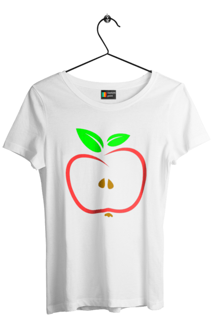 Футболка жіноча з принтом "Яблуко". В розрізі, веган, вегетаріанець, делікатес, дієта, їжа, листя, літо, плід, половина, половинка, смачно, стигле, урожай, червоне, яблуко, яблучко. ART принт на футболках