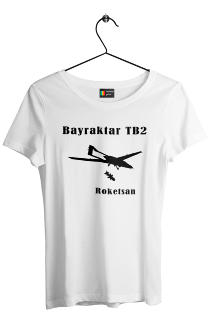 Футболка жіноча з принтом "Bayraktar TB2". Bayraktar, bayraktar tb2, агресія, байрактор, безпілотний, бойовики, війна, донбас, захист, зсу, контратака, літак, оборона, патріот, ракета, удар, ударний, україна. ART принт на футболках