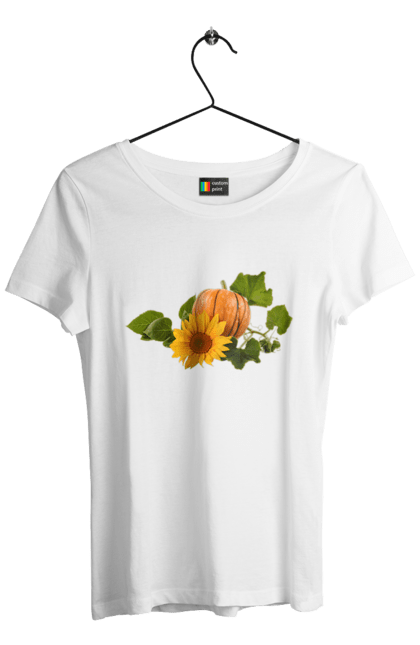 Футболка жіноча з принтом "Соняшник і гарбуз". Гарбуз, квітка, композиція, листя, овоч, осінній, осінь, плід, помаранчевий, сезон, соняшник, стигла. ART принт на футболках