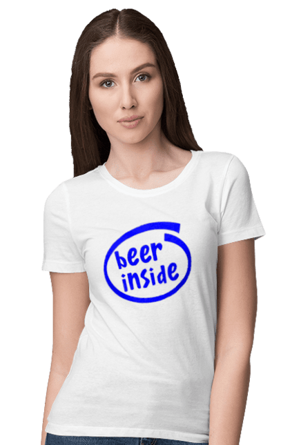 Футболка жіноча з принтом "Пиво всередині". Айті, айтішник, алкоголь, жарт, кодировщик, логотип, пародія, пиво, програміст, сисадмін, торгова марка, хобі, юмор. ART принт на футболках