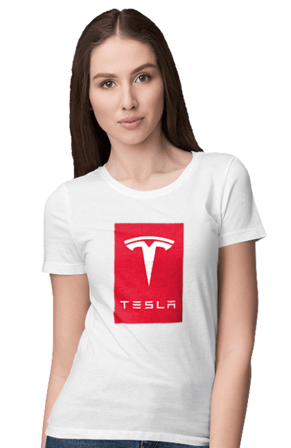 Футболка жіноча з принтом "Tesla". Авто, бренд, ілон маск, логотип, тесла. ART принт на футболках