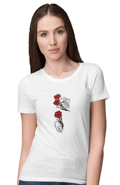 Футболка жіноча з принтом "Самбо". Кости, красный, розы, самбо, уникальное, цветы, череп. CustomPrint.market