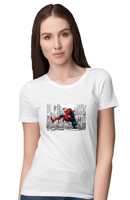 Футболка жіноча з принтом "Людина павук і біле місто". Герой, людина павук, марвел, місто, павук, павутиння, рятувальник, спайдермен. CustomPrint.market