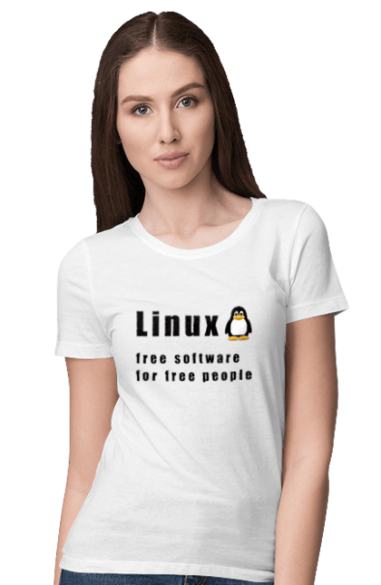 Футболка жіноча з принтом "Linux Вільний Для Вільних". Linux, адміністратор, айті, айтішник, безкоштовна, безкоштовно, вільна, доступність, незалежність, операційна система, ос, пінгвін, програміст, програмне забезпечення, свобода, сервер, сисадмін, система, системний адміністратор, софт, текст, чорний. ART принт на футболках
