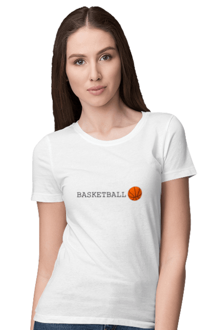 Футболка жіноча з принтом "Баскетбол". Атлетика, баскетбол, гра, здоровий спосіб життя, команда, командний, м`яч, помаранчевий, спорт, спортсмен, текст, чорний. ART принт на футболках