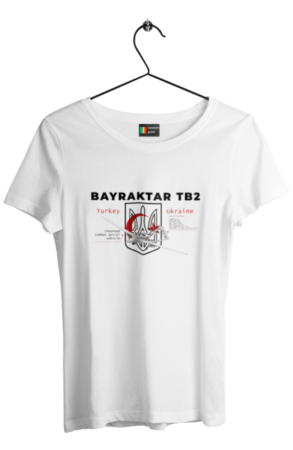Футболка жіноча з принтом "Bayraktar TB2". Bayraktar, caesar, himars, javelin, nlaw, patriot, weapon, zaluzhny. CustomPrint.market