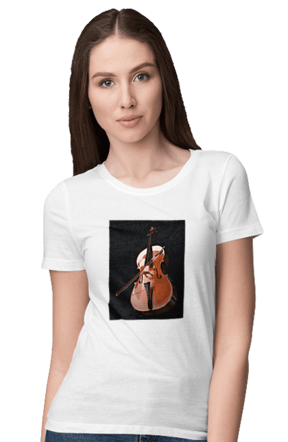Футболка жіноча з принтом "Скрипка". Віолончель, естетика, інструмент, класика, класична музика, музика, насолоду, скрипка, смичок, стиль життя, страдіварі, цінність. ART принт на футболках