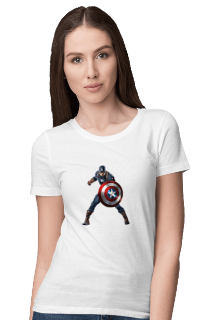 Футболка жіноча з принтом "Капітан Америка". Америка, герой, капітан, квм, комікси, марвел, месники, роджерс, стів, супергерой, щит. CustomPrint.market