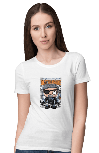 Футболка жіноча з принтом "Deathstroke Unmasked". Без масок, бетмен, жартівник, кажан, комікси, комікси dc, людина, смертельний удар, темний король. Funkotee
