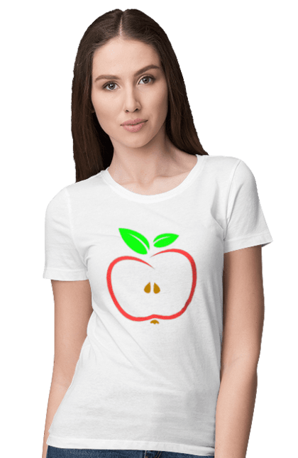 Футболка жіноча з принтом "Яблуко". В розрізі, веган, вегетаріанець, делікатес, дієта, їжа, листя, літо, плід, половина, половинка, смачно, стигле, урожай, червоне, яблуко, яблучко. ART принт на футболках