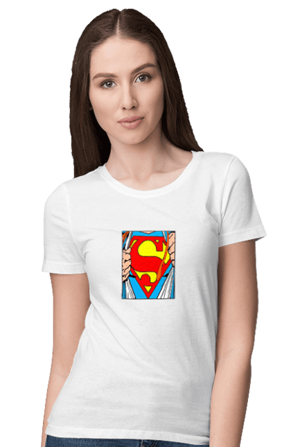 Футболка жіноча з принтом "Супермен". Емблема, кларк кент, комікс, криптоніт, мультперсонаж, супергерой, супермен, фільм. futbolka.stylus.ua