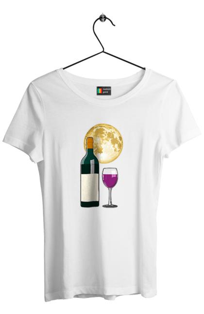 Футболка жіноча з принтом "Червоне вино під Місяцем". Алкоголь, вино, диск, келих, коло, місяць, ніч, пляшка, романтика, світло, скло, чарка, червоне вино. ART принт на футболках