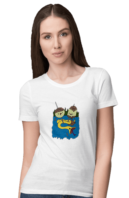 Футболка жіноча з принтом "Час пригод". Adventure time, джейк, кейк, марселін, маршалл лі, принц гамболл, принцеса баблгум, фінн, фіона, час пригод. CustomPrint.market