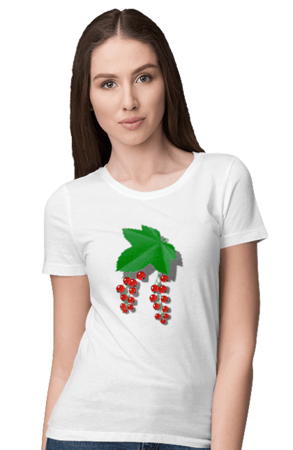 Футболка жіноча з принтом "Порічки Червоні". Делікатес, зріла, їжа, листя, літо, порічки, порічки червоні, смачно, смородина, стигла, урожай, червона, червона смородина, ягідка, ягода, ягоди. ART принт на футболках