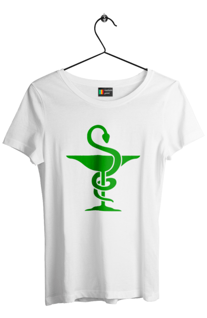 Футболка жіноча з принтом "Символ медицини". Аптека, змій, змія, зцілення, кубок, лікування, медицина, чаша. ART принт на футболках