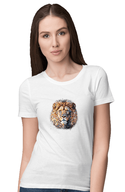 Футболка жіноча з принтом "Лев кольоровий". Арт, кіт, лев, мозаїка, тварина. CustomPrint.market
