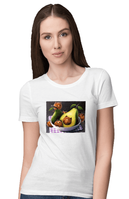 Футболка жіноча з принтом "Котики авокадо". Авокадо, кіт, котики, тарілка. CustomPrint.market