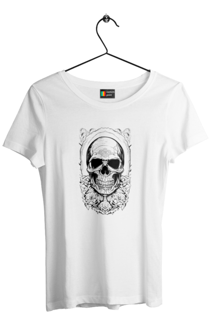 Футболка жіноча з принтом "Череп". Квіти, кості, кселет, роза, череп. CustomPrint.market