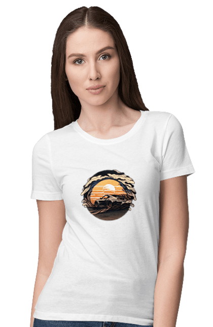 Футболка жіноча з принтом "Додж на заході сонця". Авто, автомобіль, додж, машина, машини. CustomPrint.market