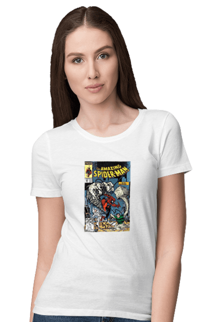 Футболка жіноча з принтом "Людина павук". Avengers, comics, film, marvel, spiderman, superhero. aslan