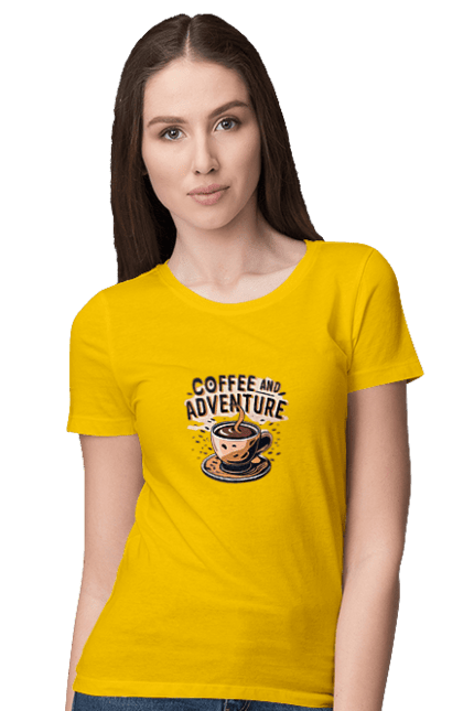 Футболка жіноча з принтом "Coffee and Adventure". Дизайн, кава, настрій, позитив, стиль. futbolka.stylus.ua