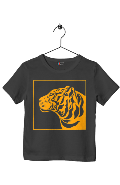 Футболка дитяча з принтом "Тигр помаранчевий профіль". Велика кішка, великий кіт, голова, дика природа, дикий, звір, погляд, портрет, природа, стилізація, тварина, тигр, хижак. ART принт на футболках