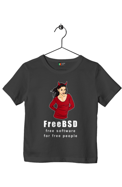 Футболка дитяча з принтом "Freebsd Для Вільних". Bsd, freebsd, unix, адміністратор, айті, айтішник, безкоштовна, безкоштовно, бестія, білий, вільна, демон, демонесса, доступність, незалежність, операційна система, ос, програміст, програмне забезпечення, свобода, сисадмін, система, системний адміністратор, софт, текст, червоний. ART принт на футболках
