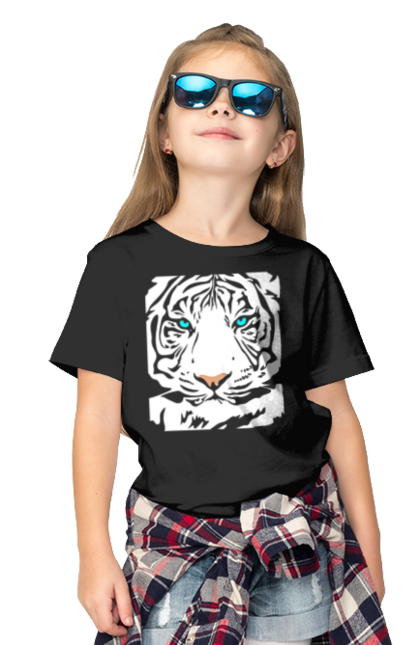 Футболка дитяча з принтом "Тигр білий прозорий". Білий, білий тигр, велика кішка, великий кіт, дика природа, дикий, звір, зуби, паща, погляд, портрет, природа, стилізація, тварина, тигр, хижак. ART принт на футболках