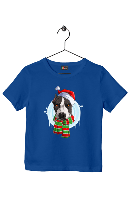 Футболка дитяча з принтом "Новорічний Пітбуль". American pit bull, american staffordshire terrier, pit bull, pit bull terrier, pitbull, американський стаффордширський тер`єр, амстафф, новий рік, пітбуль. CustomPrint.market
