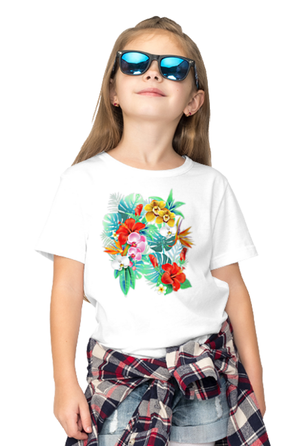 Футболка дитяча з принтом "Тропічні квіти". Білий, букет, гібіскус, жовтий, зелений, квіти, квітка, композиція, листя, мальва, орхідея, природа, рожевий, тропіки, тропічні, червоний, яскраві. ART принт на футболках