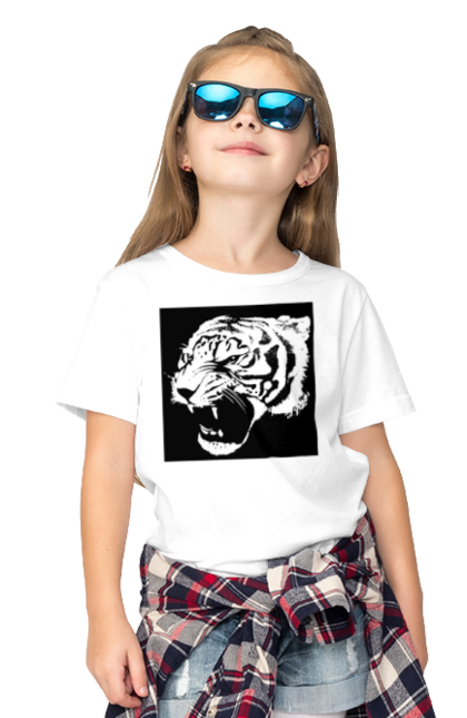 Футболка дитяча з принтом "Тигр моно чорний". Велика кішка, великий кіт, дика природа, дикий, звір, зуби, паща, погляд, портрет, природа, стилізація, тварина, тигр, хижак. ART принт на футболках
