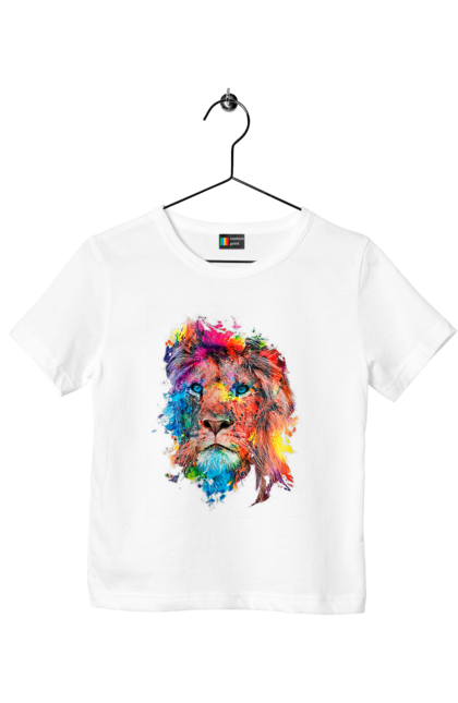 Футболка дитяча з принтом "Лев із фарби". Барвистий лев, індійський лев, лев, лев та холі, розмальовка, святковий лев, фарби, холи. ART принт на футболках