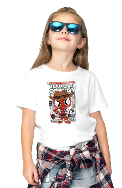 Футболка дитяча з принтом "Deadpool Cowboy". Басейн, герой, дедпул, дивуватися, комікси, мем, мертвий, плівка. Funkotee