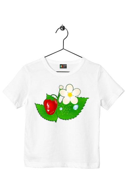 Футболка дитяча з принтом "Полуниця". Делікатес, зріла, їжа, квіти, листя, літо, полуниця, полуничка, смачно, стигла, урожай, червона, ягода. ART принт на футболках