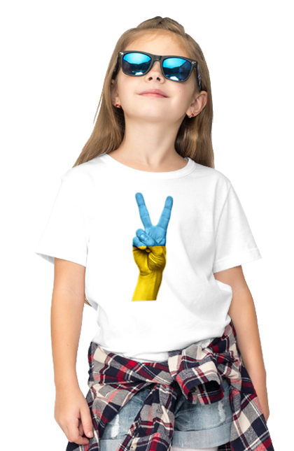 Футболка дитяча з принтом "Два Пальця, Світ, Україна". Мир, рука, україна. Піно
