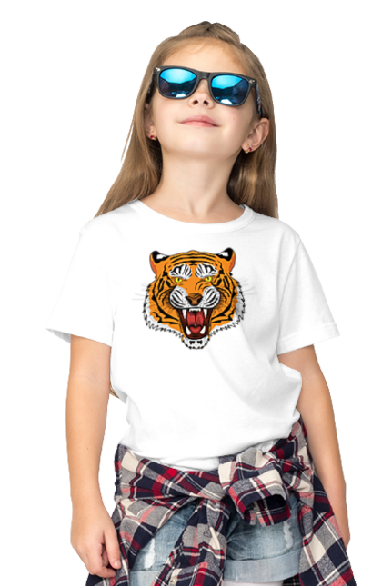 Футболка дитяча з принтом "Тигр". Велика кішка, великий кіт, дика природа, дикий, звір, зуби, паща, погляд, портрет, природа, стилізація, тварина, тигр, хижак. ART принт на футболках