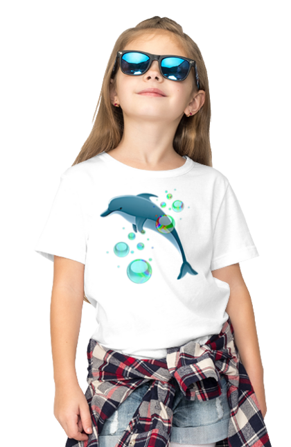 Футболка дитяча з принтом "Дельфін". Веселий, дельфін, дельфінарій, дикий, дресирований, кит, море, морський, океан, природа, розумний, ссавець, стрибок, тварина. ART принт на футболках
