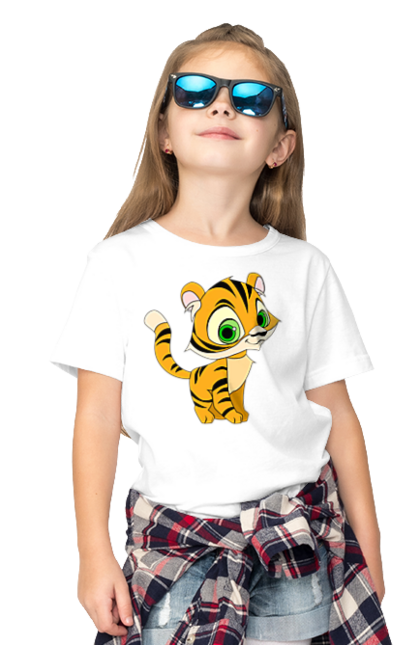 Футболка дитяча з принтом "Маленький тигр". Велика кішка, великий кіт, веселий, дика природа, дикий, дитинча, звір, маленький, мульт, мультик, мультфільм, погляд, портрет, природа, стилізація, тварина, тигр, тигреня, хижак. ART принт на футболках